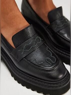Free People Black Leather Platform Loafers